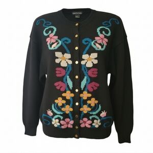 Vintage Black & Floral Wool Button Up Sweater